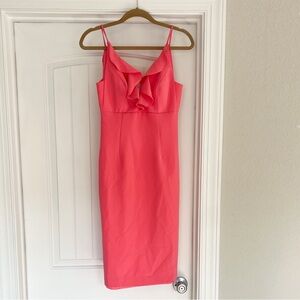 Bardot midi dress pink ruffle vneck dress wedding guest bridesmaid XS revolve